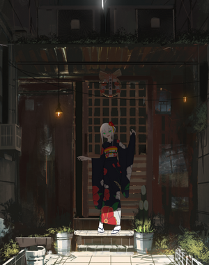 Anime girl in kimono standing in front of a building