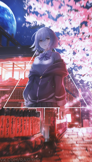 Anime girl with purple hair and blue bow tie