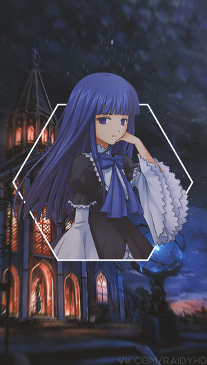 Anime girl with blue hair in front of a church at night
