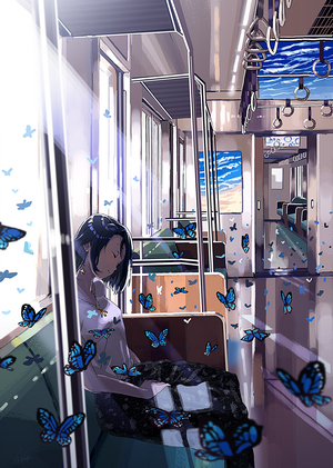 Anime girl on a train surrounded by butterflies
