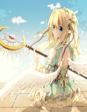 Anime girl with blonde hair and wings holding a staff