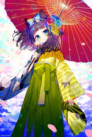 Anime girl with purple hair holding a red umbrella