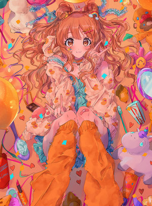Anime girl with long wavy hair surrounded by toys and cosmetics