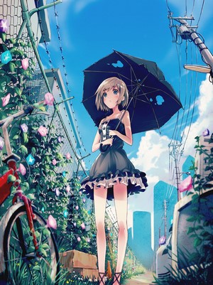 Anime girl with umbrella and bicycle