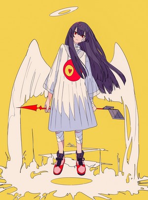 Anime girl with wings and halo holding a spear