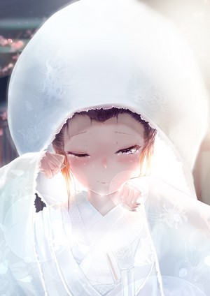 Anime girl in white wedding attire crying