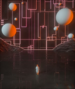 Surreal abstract 3D science fiction landscape with spheres