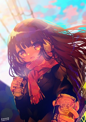 Anime girl with long hair holding cans