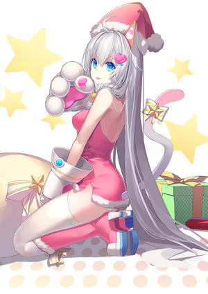 Anime girl in Christmas outfit with cat ears and tail