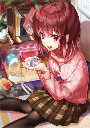 Anime girl holding a hamster indoors