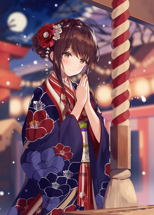 Anime girl in kimono at a shrine