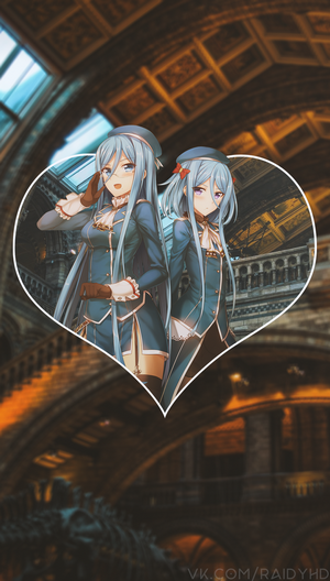 Two anime girls in blue uniforms inside a heart frame