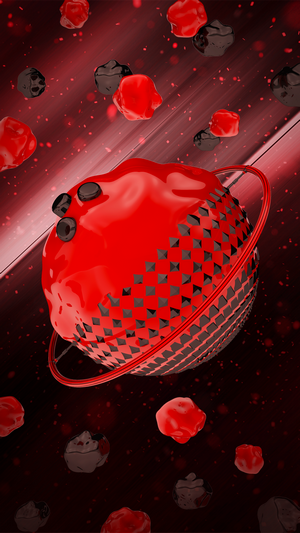 Abstract red and black spheres with ring and particles