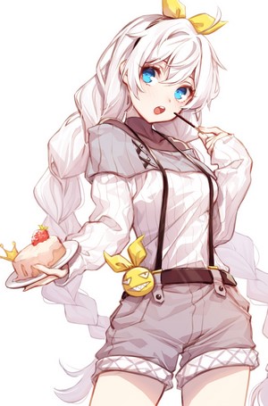 Kiana Kaslana holding a cake with a strawberry
