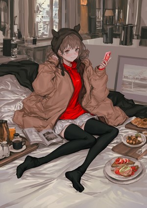 Anime girl with smartphone and food on bed