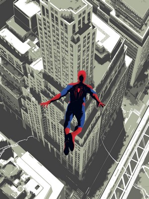 Spider-Man jumping over city buildings