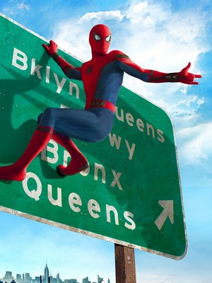 Spider-Man on a highway sign for Brooklyn and Queens