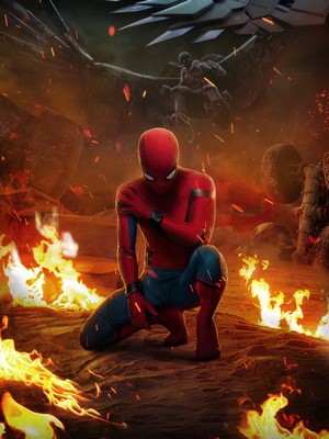 Spider-Man from Spider-Man: Homecoming in a fiery landscape