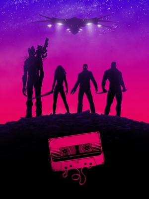Guardians of the Galaxy silhouettes with spaceship and cassette tape
