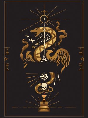 Artwork of a golden serpent with various symbols