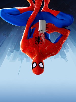 Spider-Man holding a mug of coffee upside down