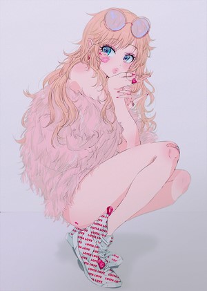 Anime girl with pink fur coat and sneakers