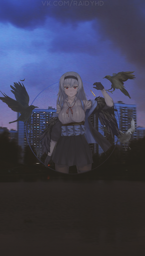 Anime girl with crows and city background