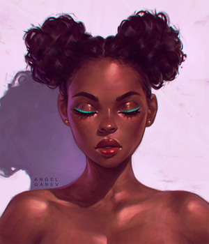 Portrait of a woman with space buns and teal eyeliner