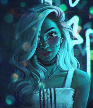 Artwork of a woman with blonde hair wearing sunglasses
