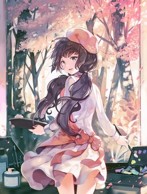 Anime girl painting cherry blossoms