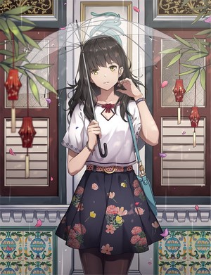 Anime girl with umbrella in front of building
