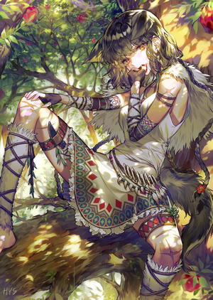 Anime girl with animal ears sitting in a tree