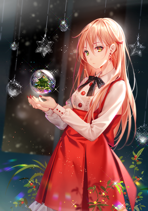 Anime girl with pink hair holding a snow globe