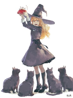 Anime witch girl with blonde hair and cats