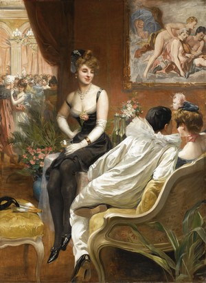 Elegant woman in black dress at a masquerade ball
