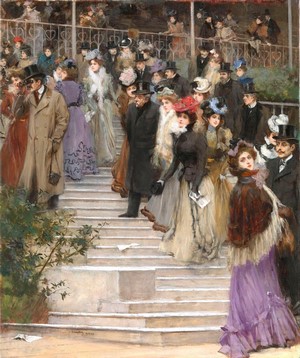 People in formal attire on stairs at an outdoor event