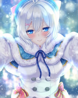Anime girl with blue eyes in winter outfit