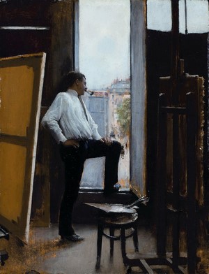 Man smoking pipe in artist studio by Jean Beraud