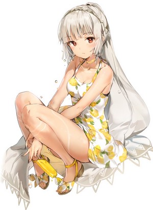 Anime girl with white hair and red eyes holding a popsicle