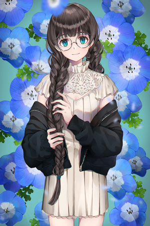 Anime girl with glasses and braided hair among blue flowers