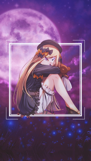 Anime girl with teddy bear under a large moon