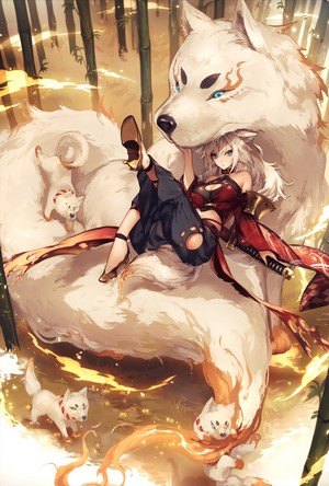 Anime girl with white wolf and puppies in bamboo forest