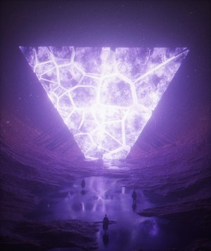 Abstract glowing pyramid over a rocky landscape