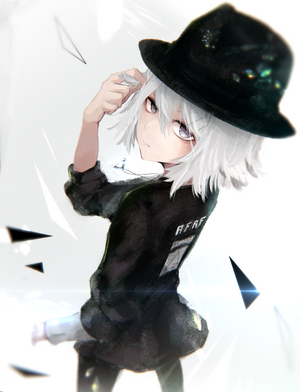 Anime girl with white hair wearing a hat and black shirt