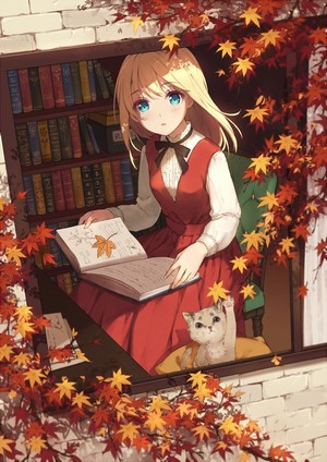 Anime Girl Reading Books with Cat in Fall