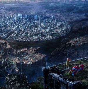 Anime girl and creature overlooking a futuristic city