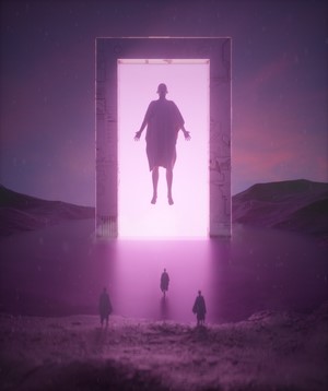 Surreal portal with floating figure and observers