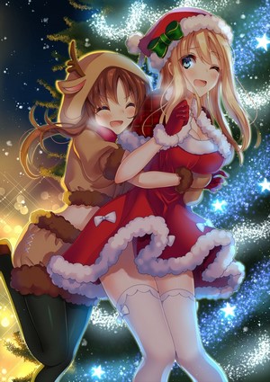 Two anime girls in Christmas outfits hugging