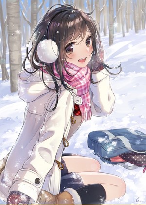 Anime girl with headphones and scarf in snow