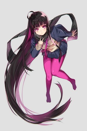 Anime girl with long black and pink hair